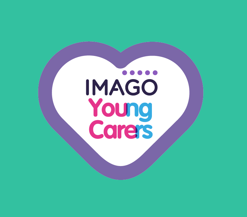 Heart shaped logo with text imago young carers inside